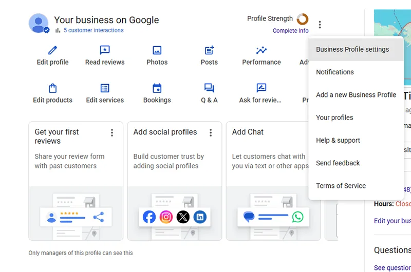 Opening Business Profile settings from the menu