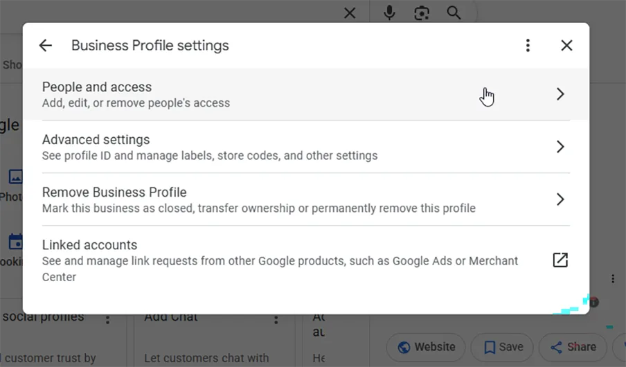 Selecting People and access in the settings panel