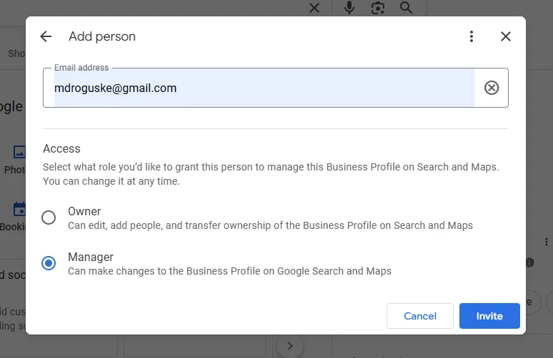 Entering the email address and choosing the Manager role