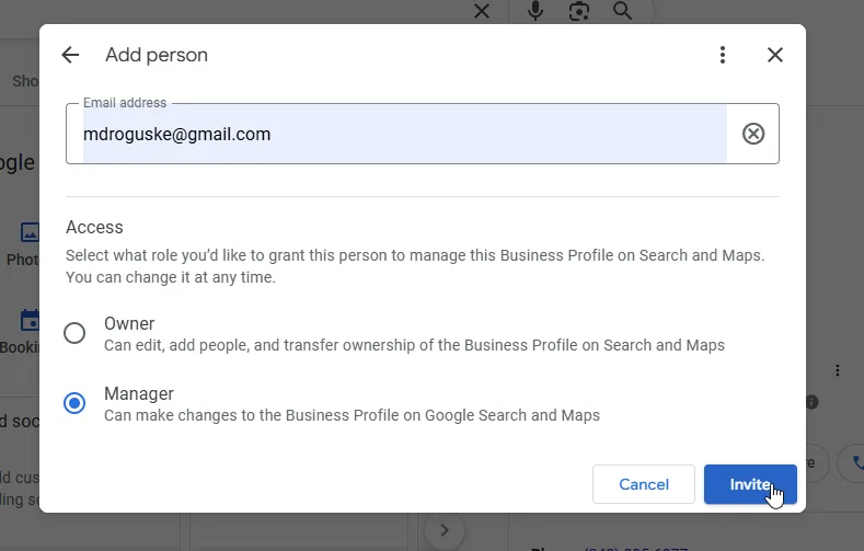 Clicking Invite to send the invitation