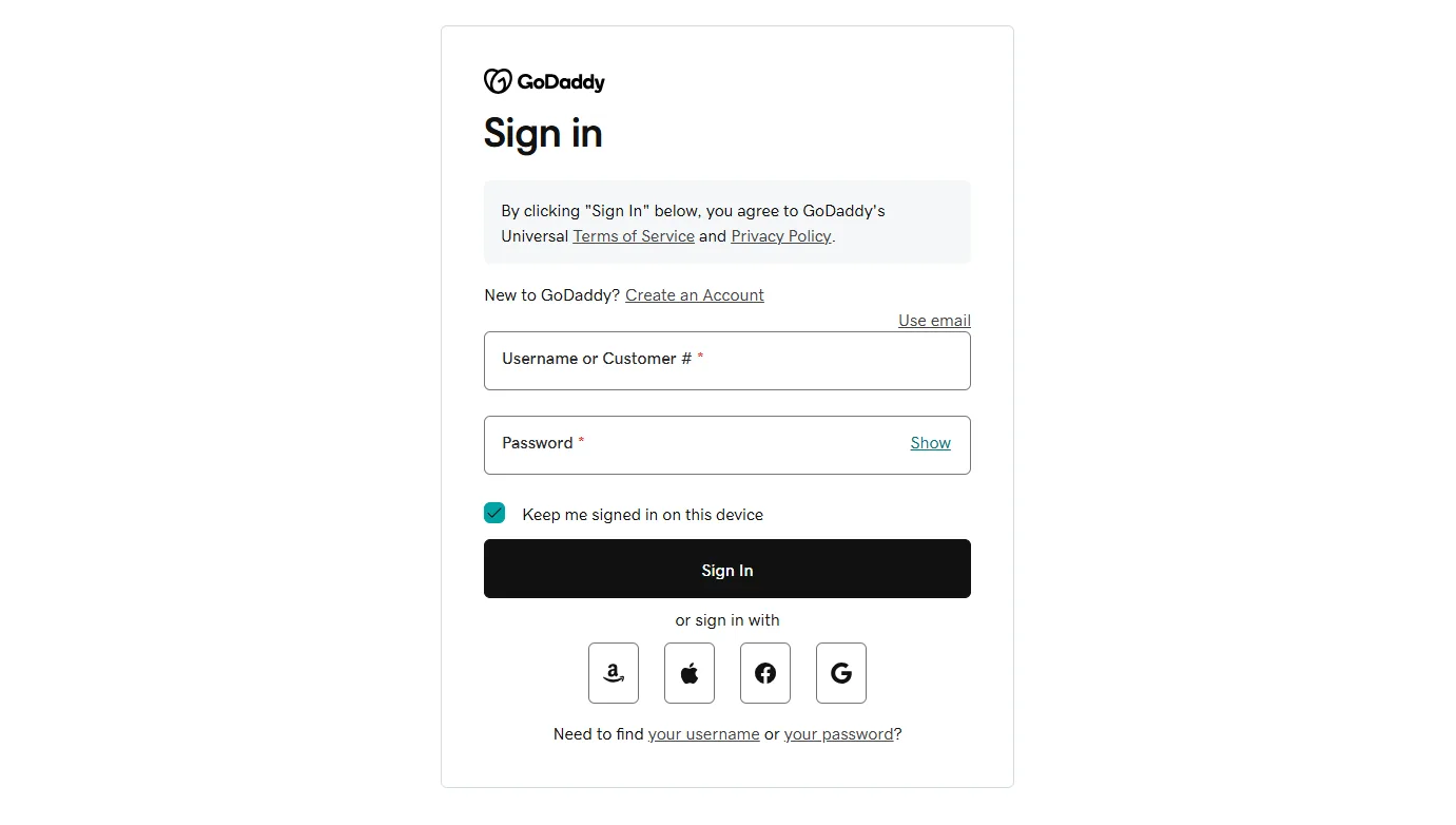 Signing in to the GoDaddy account