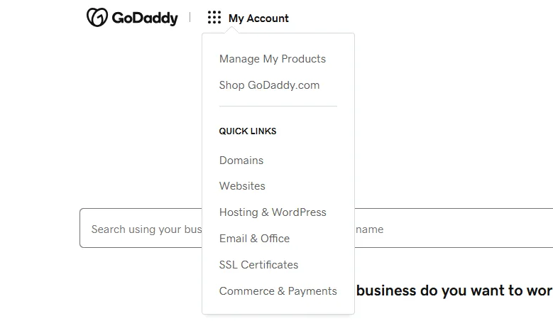 Opening the My Account menu in GoDaddy